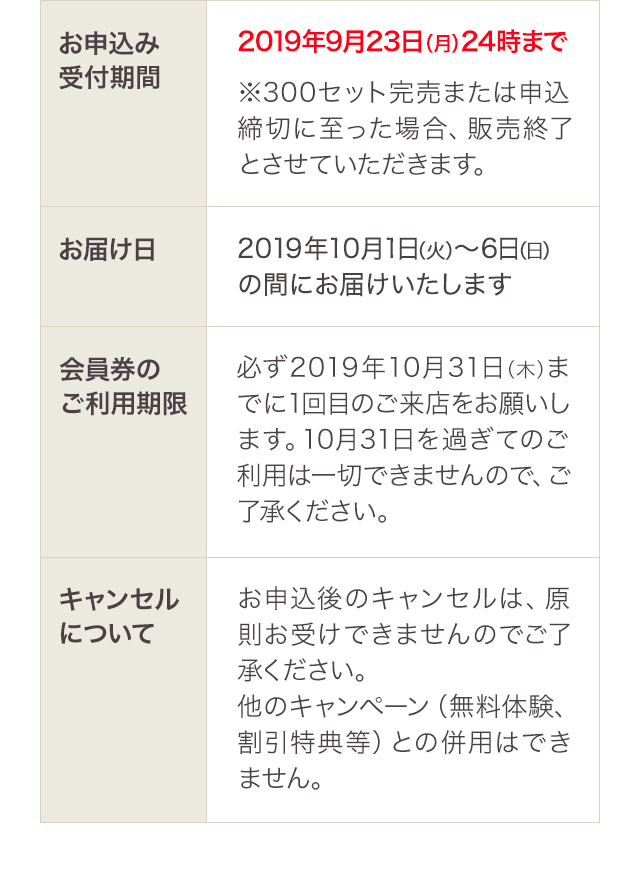お申込み受付期間 2018年9月23日(月)まで ※300セット完売または申込締切に至った場合、販売終了とさせていただきます。 お届け日 2018年10月1日(火)～6日(日)の間にお届けいたします 会員券のご利用期限 2019年10月31日(木)までに1回目のご来店をお願いします。10月31日を過ぎてのご利用は一切できませんので、ご了承ください。 キャンセルについて お申込後のキャンセルは、原則お受けできませんのでご了承ください。他のキャンペーン(無料体験、割引特典等)との併用はできません。