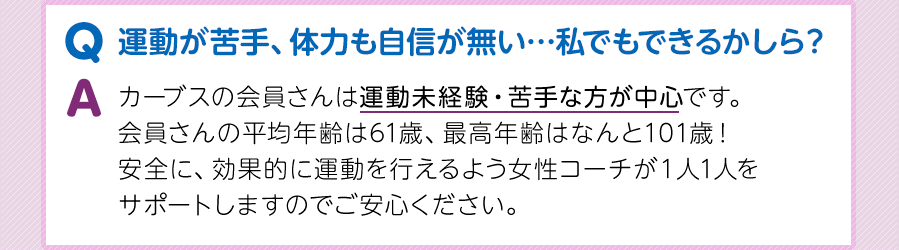 Q.運動が苦手、体力も自信が無い…私でもできるかしら？A.カーブスの会員さんは運動未経験・苦手な方が中心です。会員さんの平均年齢は60歳、最高年齢はなんと101歳！安全に、効果的に運動を行えるよう女性コーチが１人1人をサポートしますのでご安心ください。